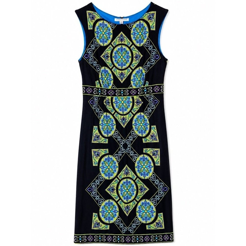 Sandra Darren Geometric Medallion Sheath Dress Blue Black Sleeveless Size 8 Mod
